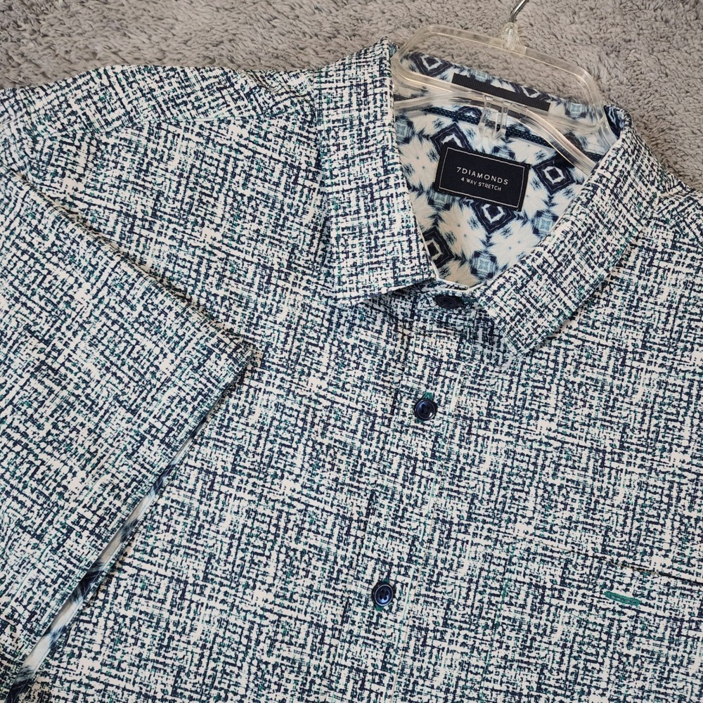 7 Diamonds 4 Way Stretch Shirt Mens Large Teal Navy Fascination Street Abstract